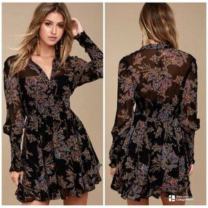 FREE PEOPLE Fake Pretend Floral Mini Dress M Black Sheer Sleeves Layered Skirt
